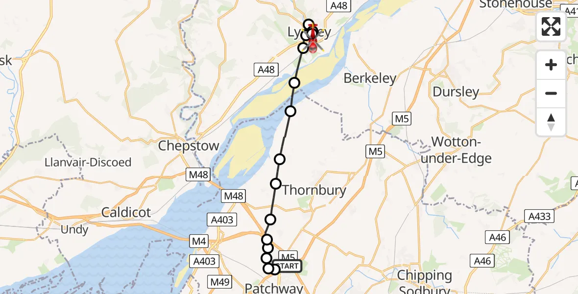 Flight route map: Air Ambulance Helicopter to Lydney, Lydney