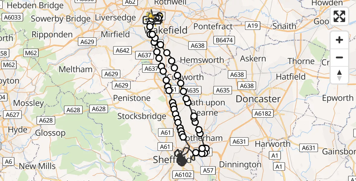 Flight route map: Police Helicopter to East Ardsley, Stoney Lane