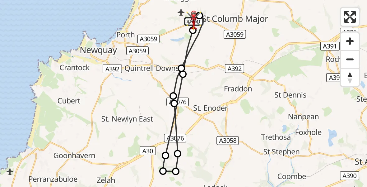 Flight route map: Air Ambulance Helicopter to Cornwall Airport Newquay, Cornwall Airport Newquay