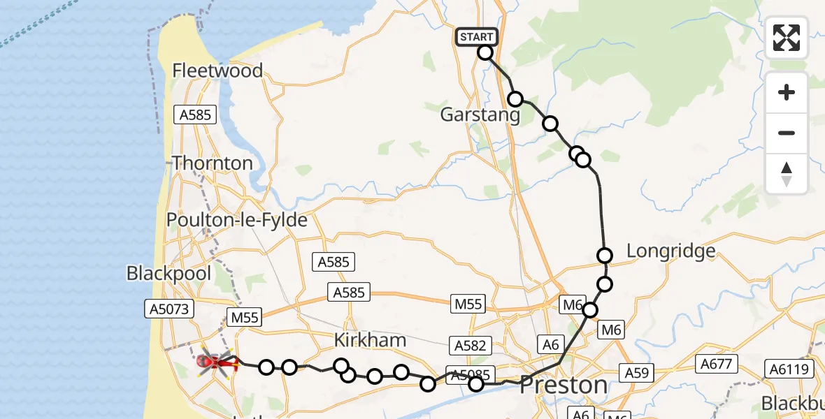 Routekaart van de vlucht: Air Ambulance Helicopter to Lytham St Annes, Queensway