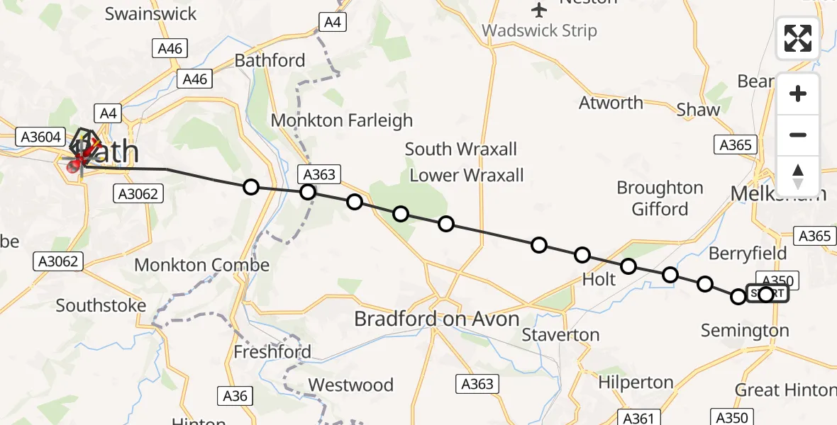 Flight route map: Air Ambulance Helicopter to Bath, Green Park