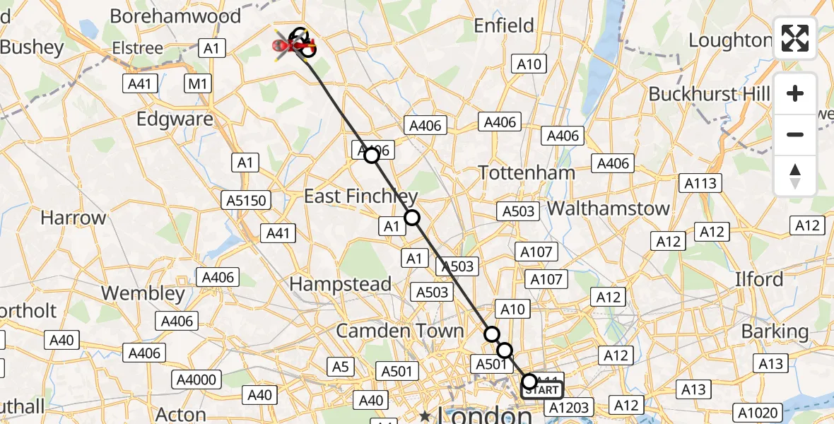 Flight route map: Air Ambulance Helicopter to London Borough of Barnet, Boardman Close