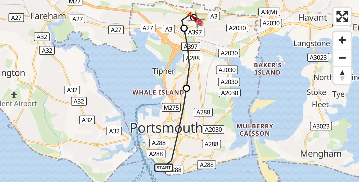 Flight route map: Air Ambulance Helicopter to Queen Alexandra Hospital, Southwick Hill Road