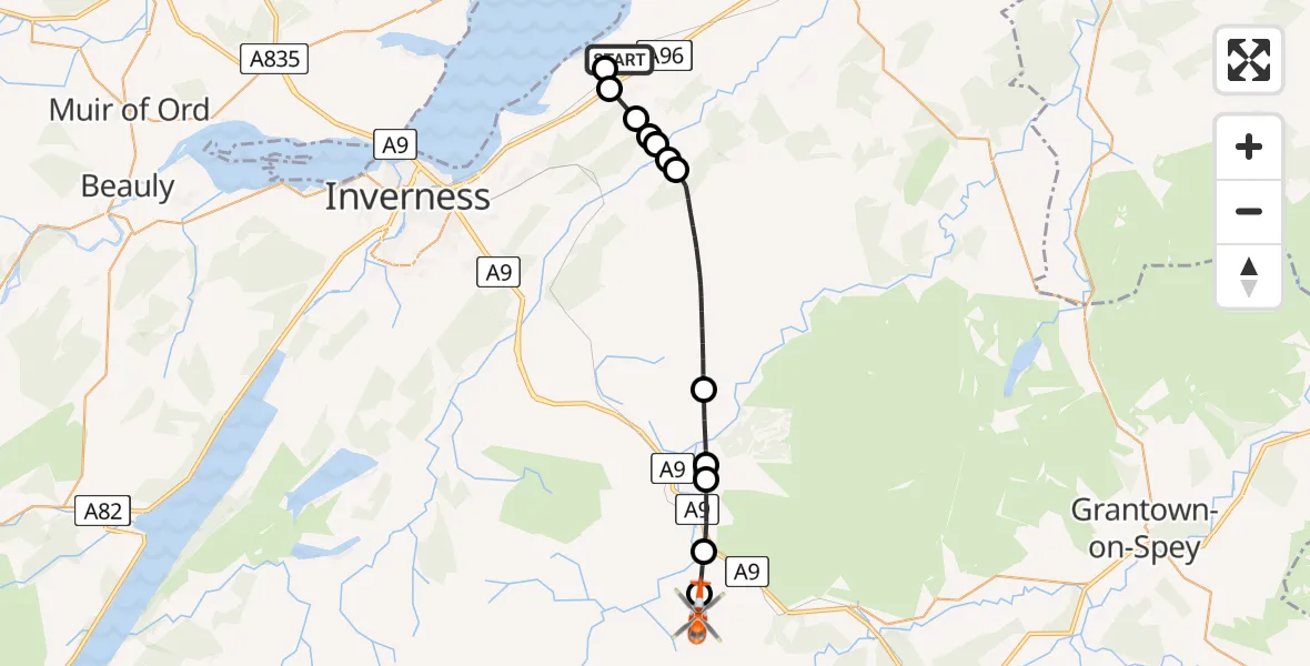 Flight route map: Coastguard Helicopter to Tomatin, Inverness Airport