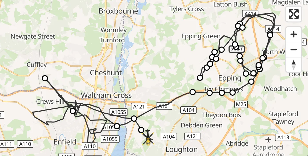 Routekaart van de vlucht: Police Helicopter to Sewardstonebury, Bury Road
