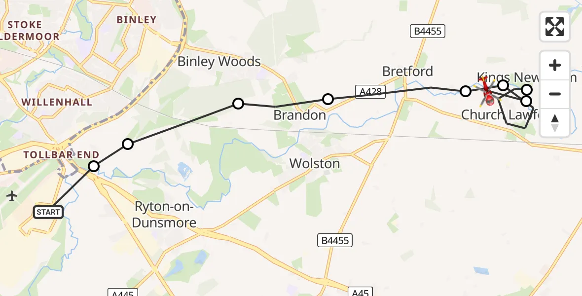 Routekaart van de vlucht: Air Ambulance Helicopter to King's Newnham CP, Kings Newnham Lane