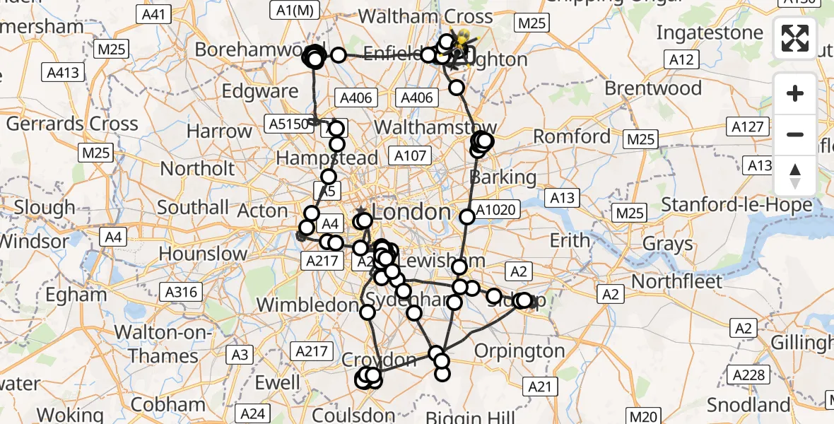 Flight route map: Police Helicopter to Metropolitan Police Air Support Unit Lippitts Hill, Metropolitan Police Air Support Unit Lippitts Hill