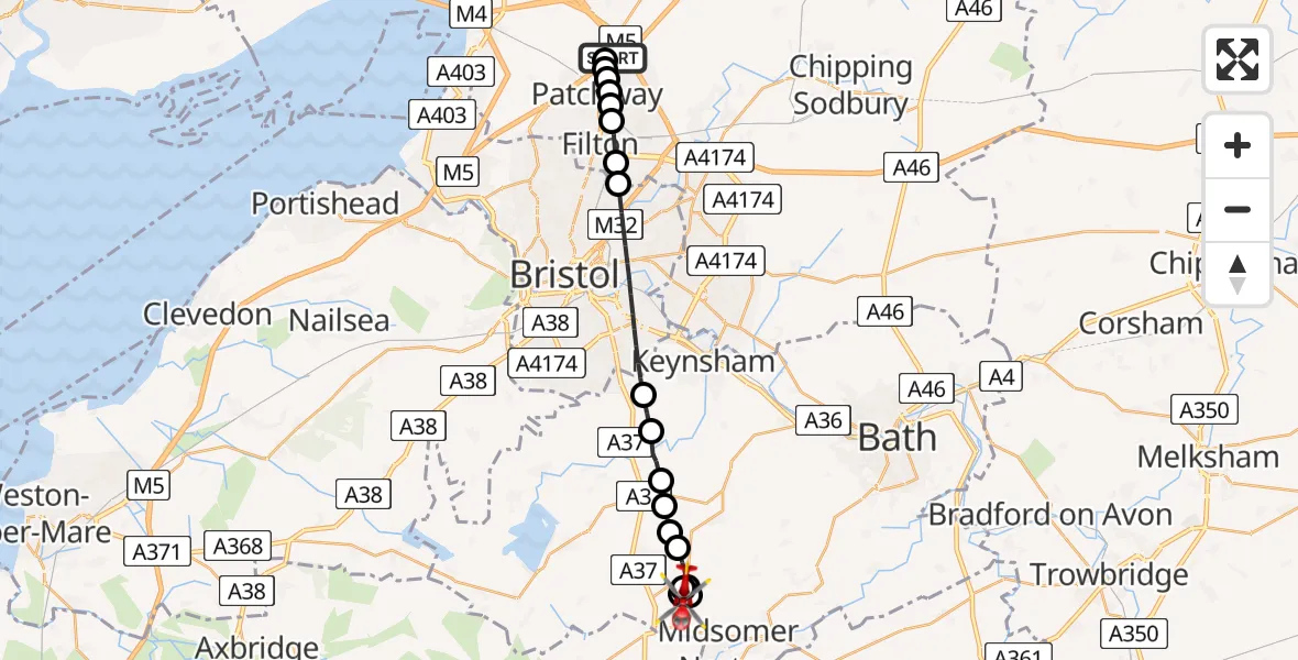 Flight route map: Air Ambulance Helicopter to High Littleton, Hallatrow Road