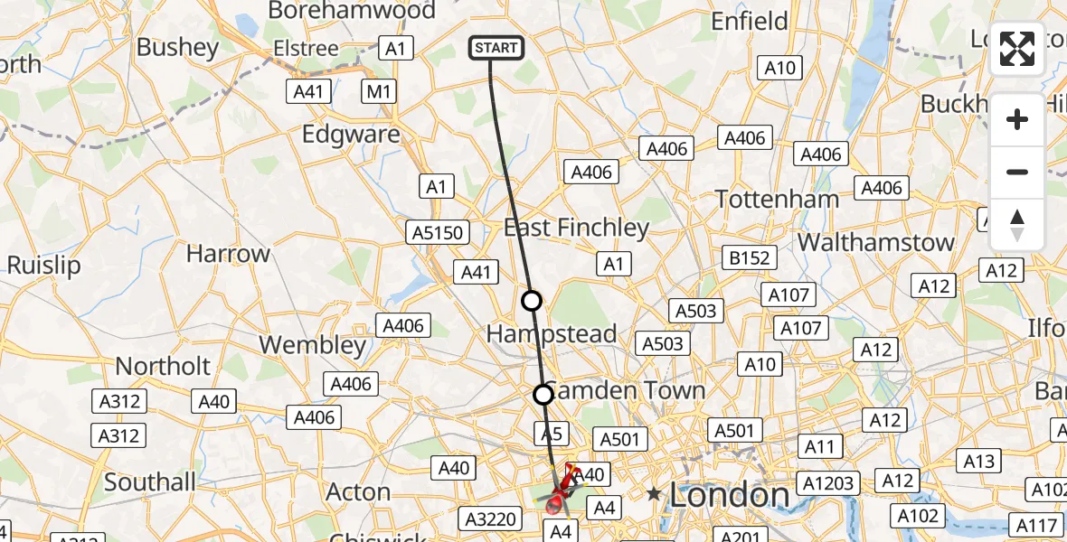 Flight route map: Air Ambulance Helicopter to City of Westminster, West Carriage Drive