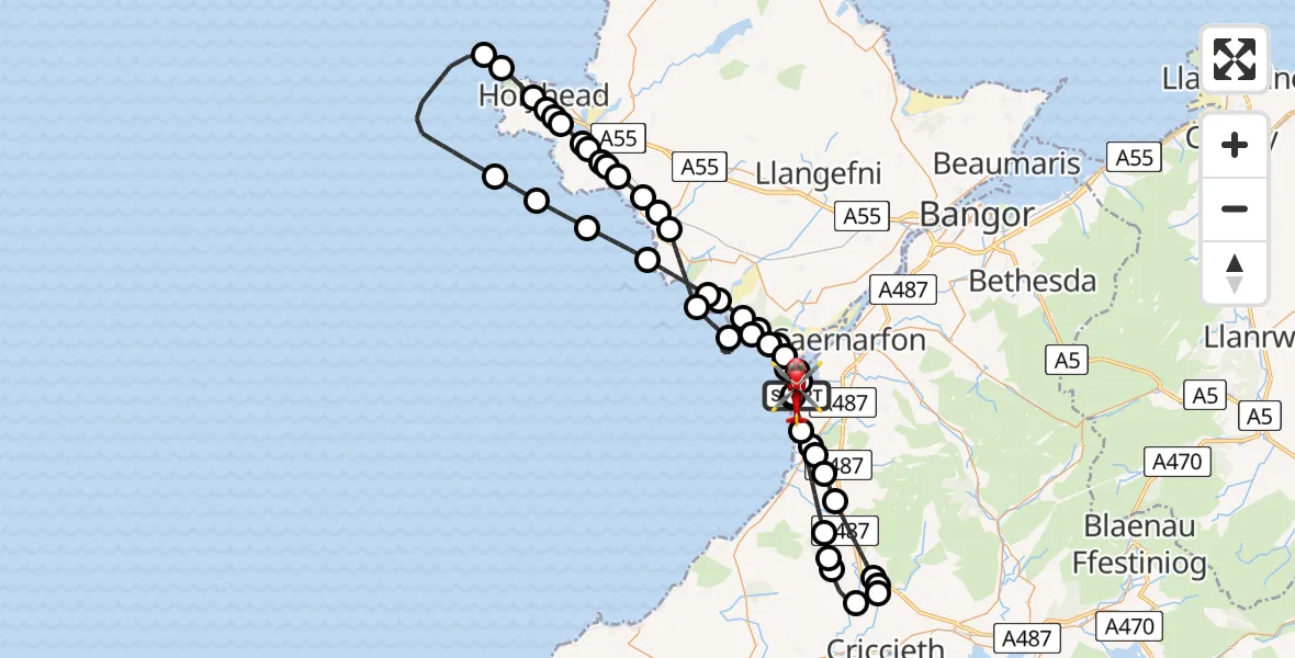 Flight route map: Air Ambulance Helicopter to Caernarfon Airport, Caernarfon Airport