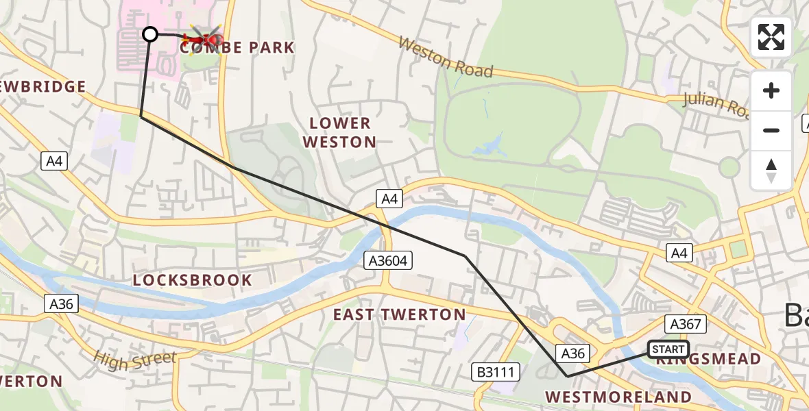 Flight route map: Air Ambulance Helicopter to Royal United Hospital Bath, Royal United Hospital Bath