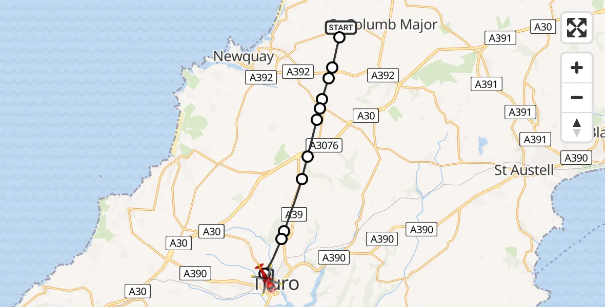 Flight route map: Air Ambulance Helicopter to Truro, Benson Road