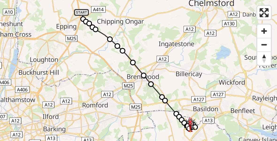Flight route map: Air Ambulance Helicopter to Thurrock, Old Hill Avenue