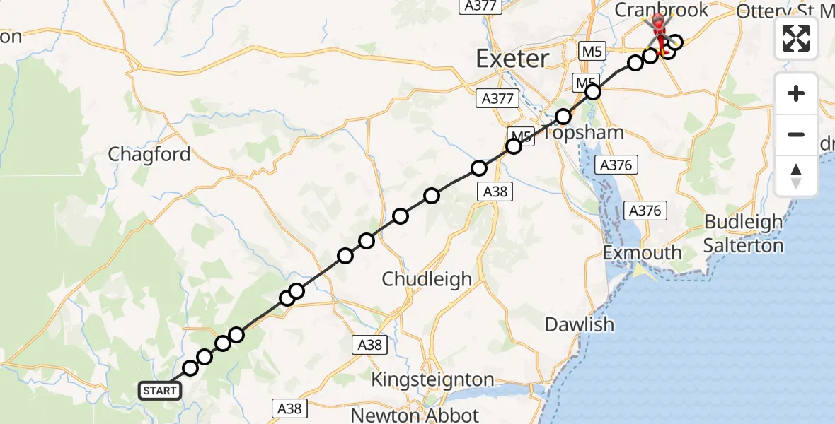 Flight route map: Air Ambulance Helicopter to Rockbeare, Westcott Road