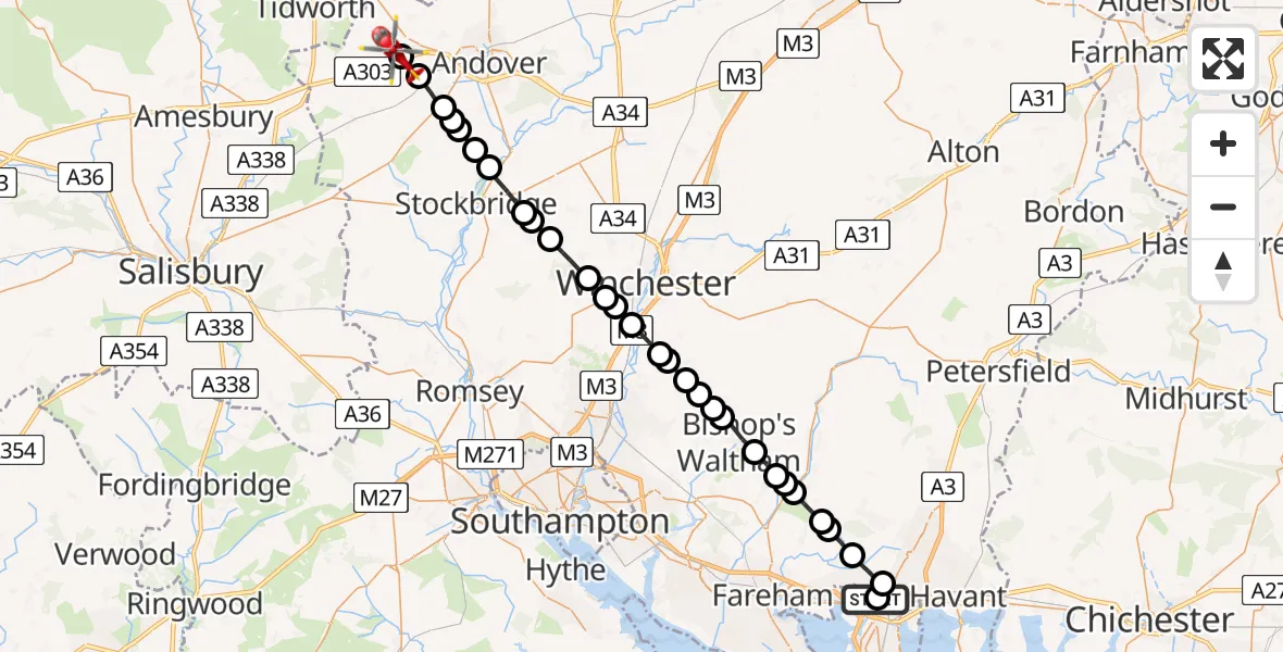 Flight route map: Air Ambulance Helicopter to Fyfield, Amesbury Road