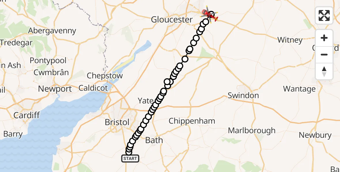 Routekaart van de vlucht: Air Ambulance Helicopter to Cotswold, A40