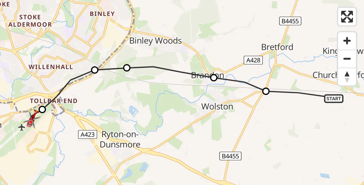 Routekaart van de vlucht: Air Ambulance Helicopter to Coventry Airport, Coventry Airport