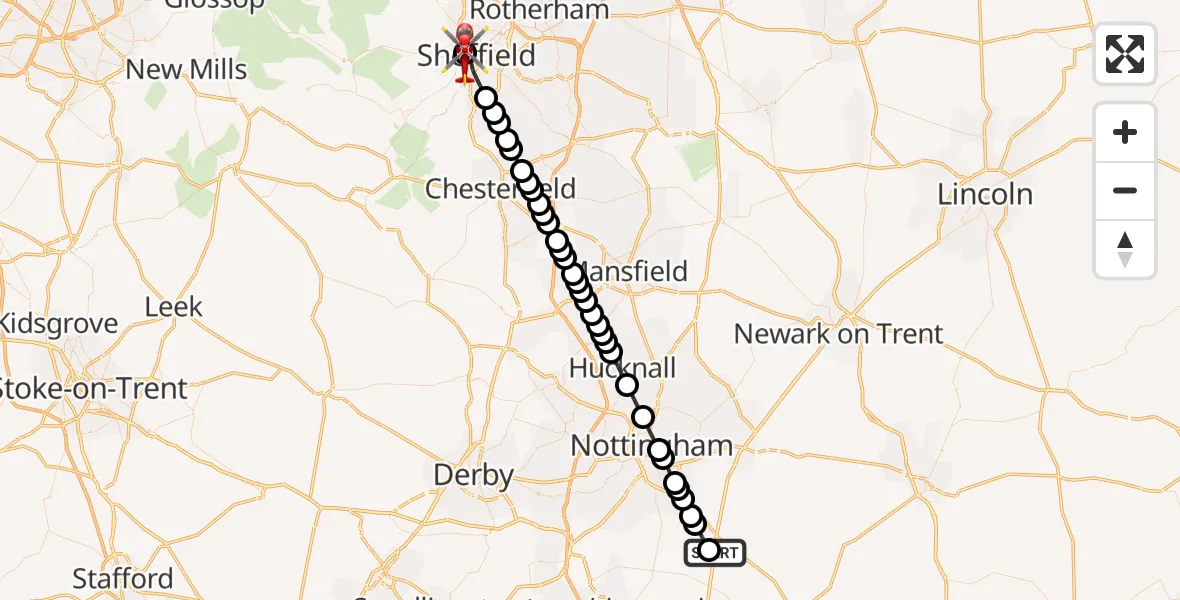 Flight route map: Air Ambulance Helicopter to Sheffield Childrens Hospital, Sheffield Childrens Hospital