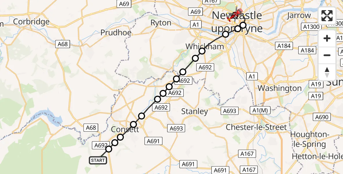 Routekaart van de vlucht: Air Ambulance Helicopter to Newcastle Royal Victoria Infirmary, Newcastle Royal Victoria Infirmary