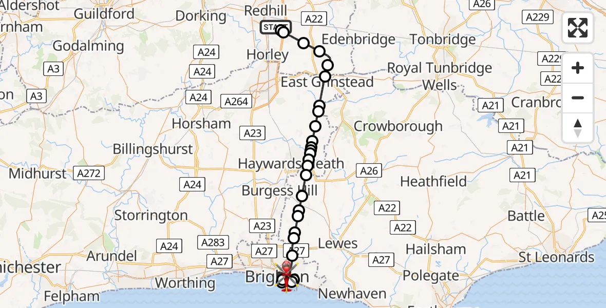 Flight route map: Air Ambulance Helicopter to Brighton, Eastern Road