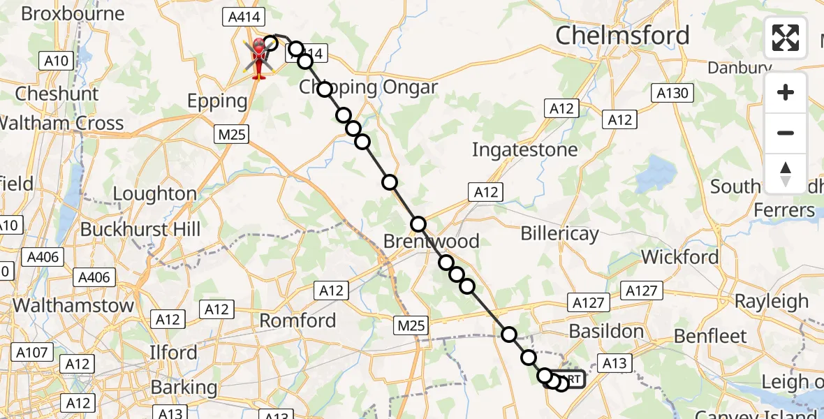 Routekaart van de vlucht: Air Ambulance Helicopter to North Weald Airfield, North Weald Airfield