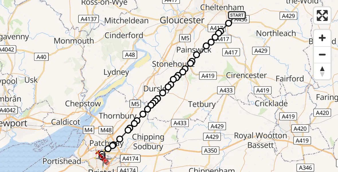 Routekaart van de vlucht: Air Ambulance Helicopter to Bristol, Southmead Hospital