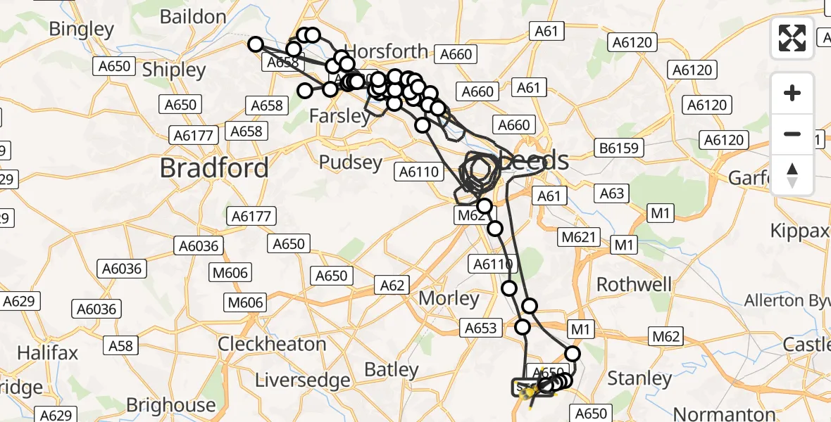 Flight route map: Police Helicopter to East Ardsley, Stoney Lane