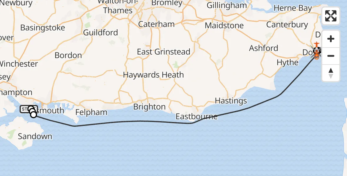 Flight route map: Coastguard Helicopter to Langdon Battery Heliport, Langdon Battery Heliport