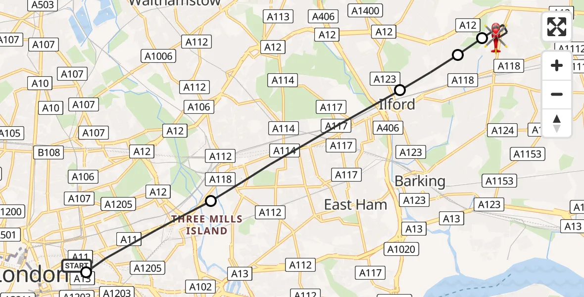 Routekaart van de vlucht: Air Ambulance Helicopter to London Borough of Redbridge, Medici Close