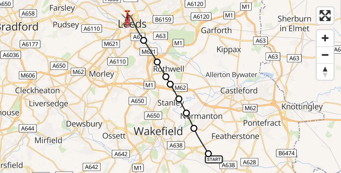 Flight route map: Air Ambulance Helicopter to Leeds, Little Woodhouse Street