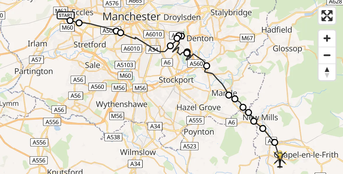 Routekaart van de vlucht: Police Helicopter to Whaley Bridge, Manchester Road