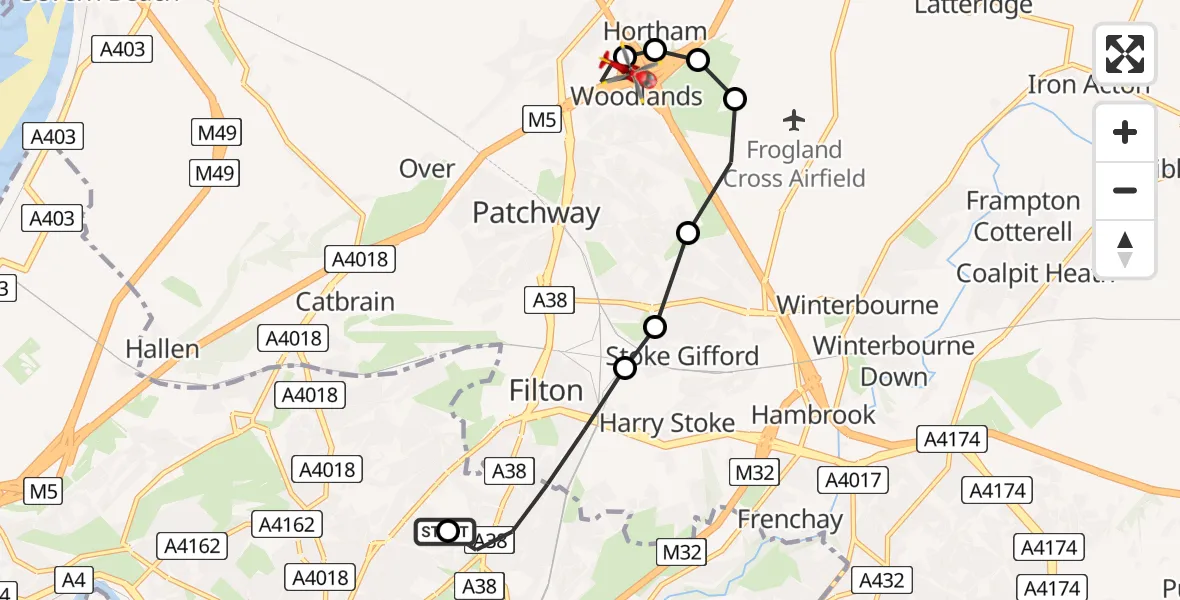 Flight route map: Air Ambulance Helicopter to Almondsbury Helicopter Base, Almondsbury Helicopter Base