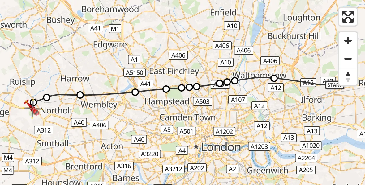 Routekaart van de vlucht: Air Ambulance Helicopter to RAF Northolt, RAF Northolt