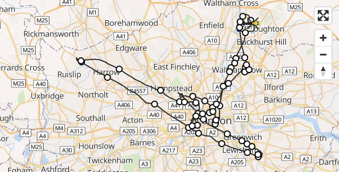 Flight route map: Police Helicopter to Metropolitan Police Air Support Unit Lippitts Hill, Metropolitan Police Air Support Unit Lippitts Hill