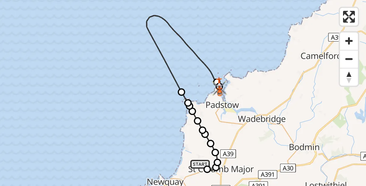 Flight route map: Coastguard Helicopter to Padstow, Tregirls Lane