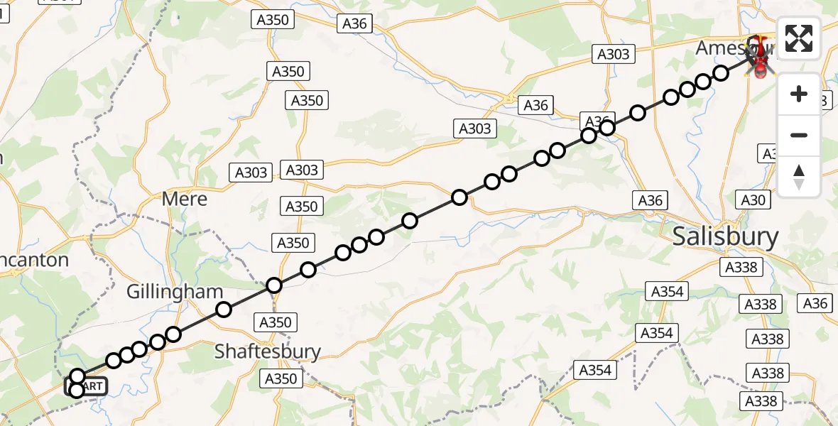 Flight route map: Air Ambulance Helicopter to Amesbury, Harvard Way