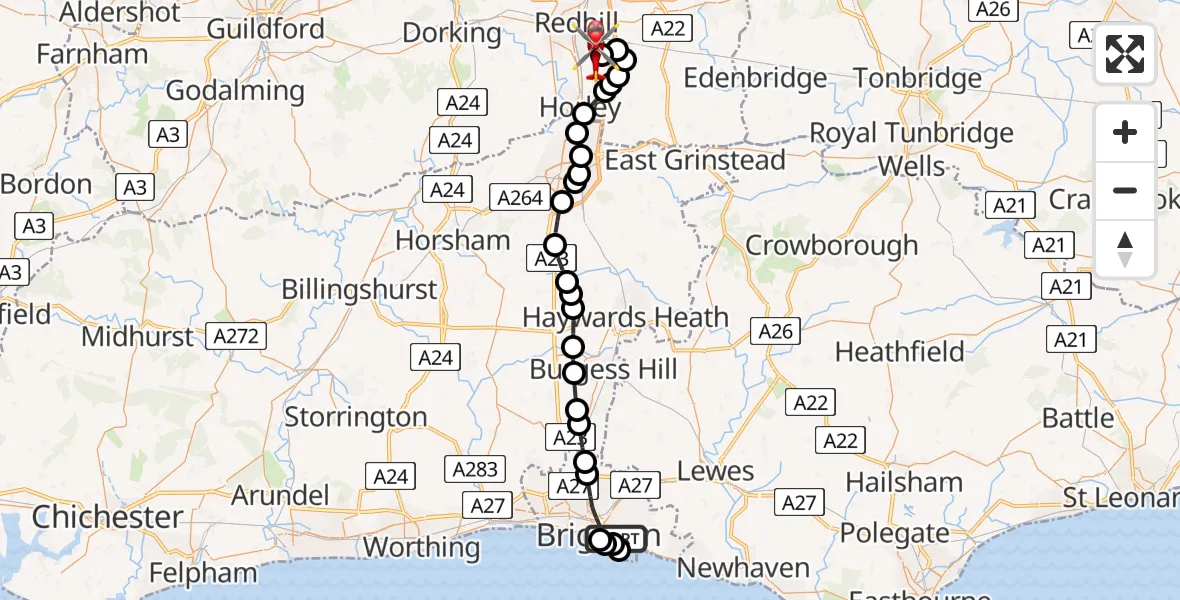 Routekaart van de vlucht: Air Ambulance Helicopter to Redhill Aerodrome, Redhill Aerodrome