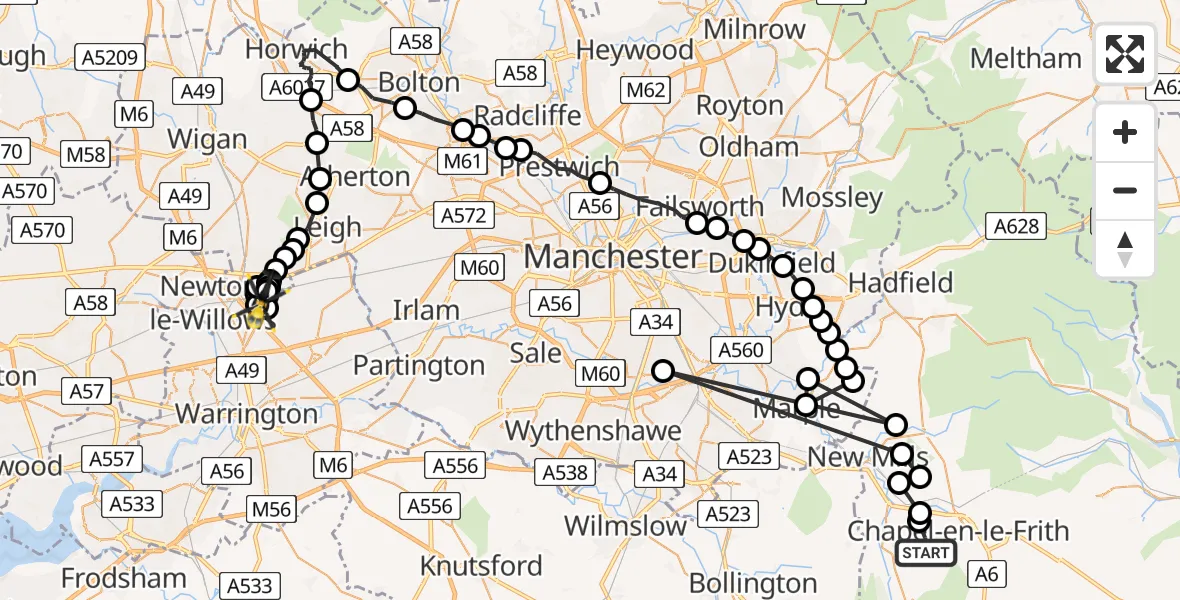 Routekaart van de vlucht: Police Helicopter to Town of Lowton, Highfield Lane
