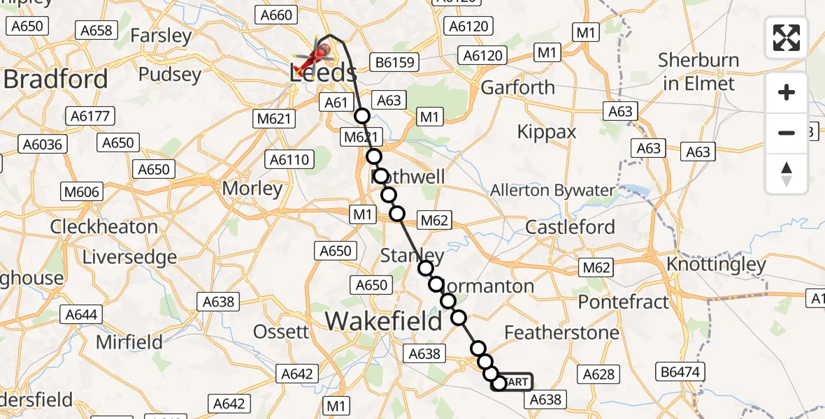 Flight route map: Air Ambulance Helicopter to Leeds, Little Woodhouse Street