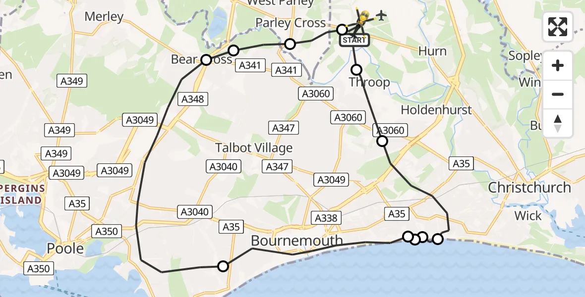 Flight route map: Police Helicopter to Bournemouth Airport, Bournemouth Airport