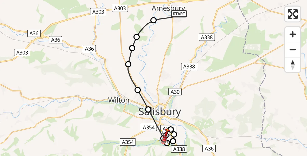 Routekaart van de vlucht: Air Ambulance Helicopter to Salisbury District Hospital, Salisbury District Hospital