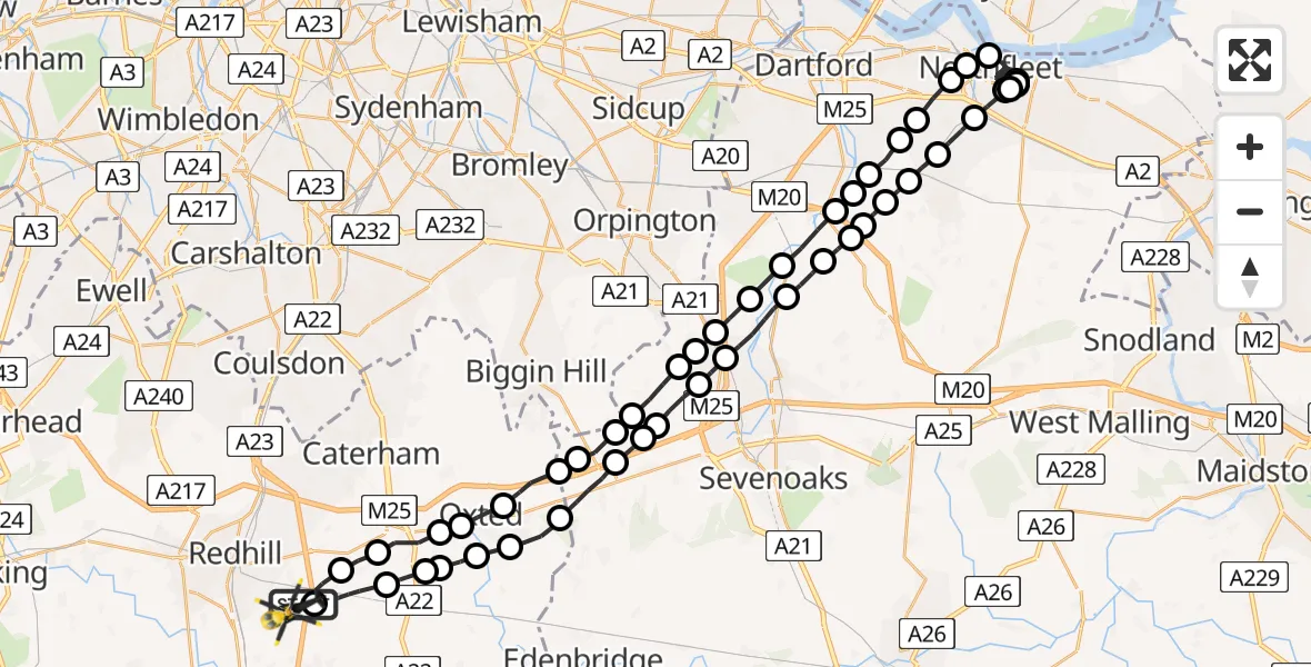 Flight route map: Police Helicopter to South Nutfield, Crab Hill Lane