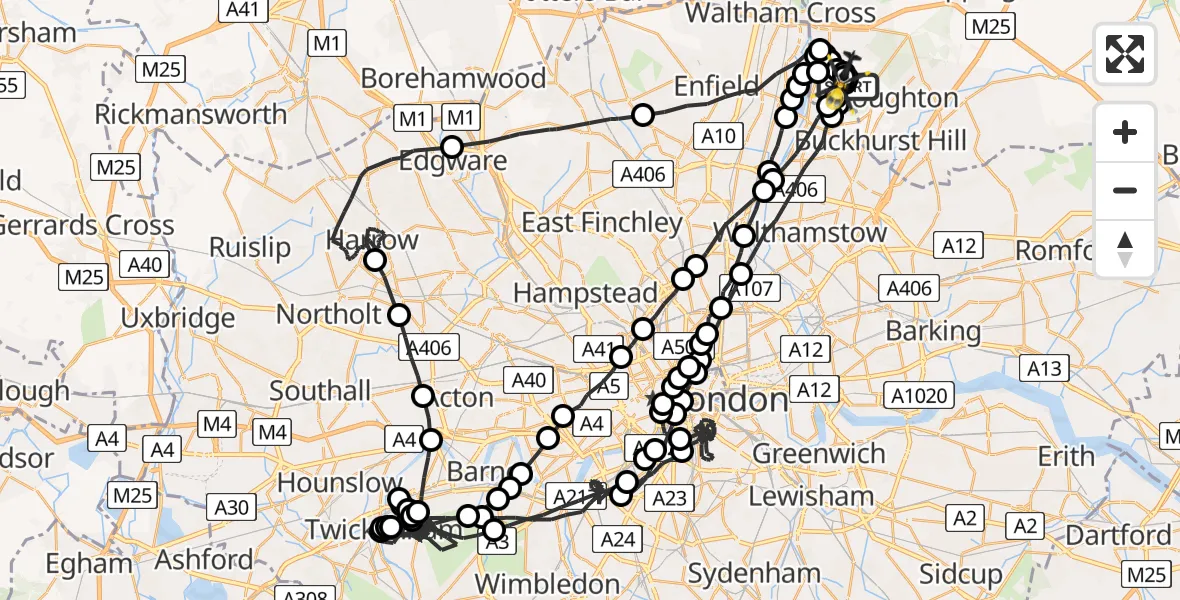 Flight route map: Police Helicopter to Sewardstonebury, Bury Road