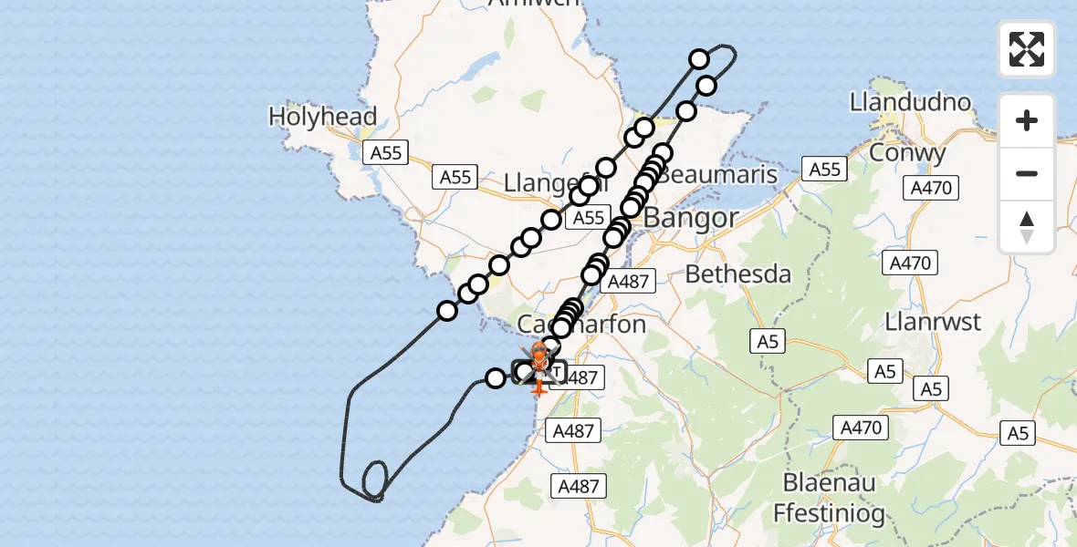 Flight route map: Coastguard Helicopter to Caernarfon Airport, Caernarfon Airport