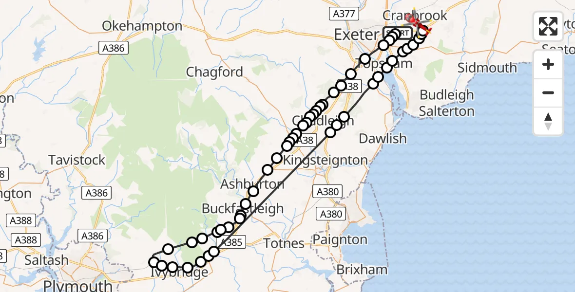 Routekaart van de vlucht: Air Ambulance Helicopter to Rockbeare, Silver Lane
