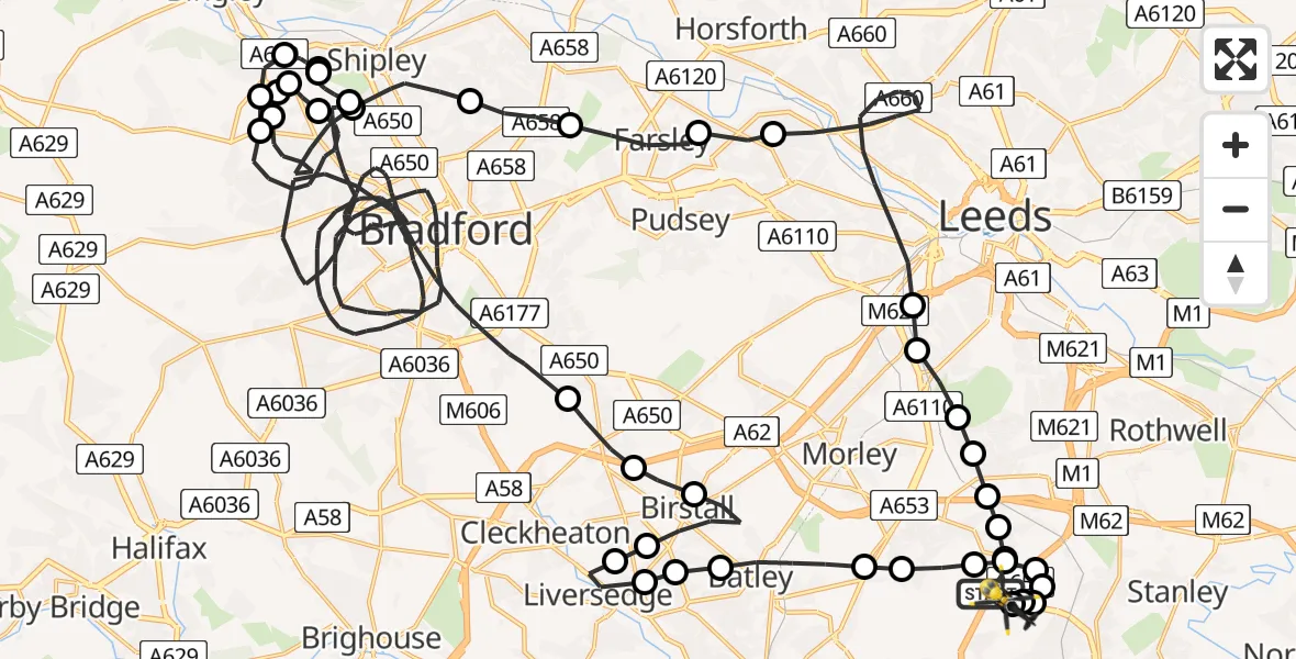 Flight route map: Police Helicopter to East Ardsley, Stoney Lane