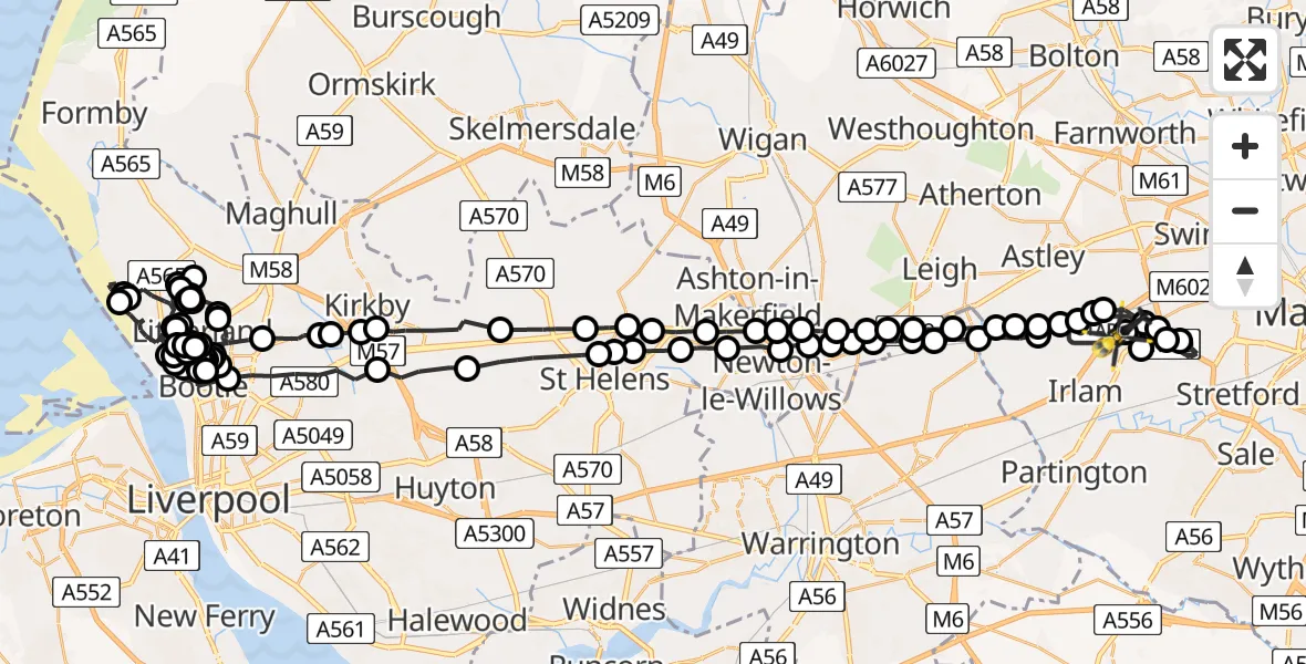 Flight route map: Police Helicopter to Manchester Barton Aerodrome, Manchester Barton Aerodrome