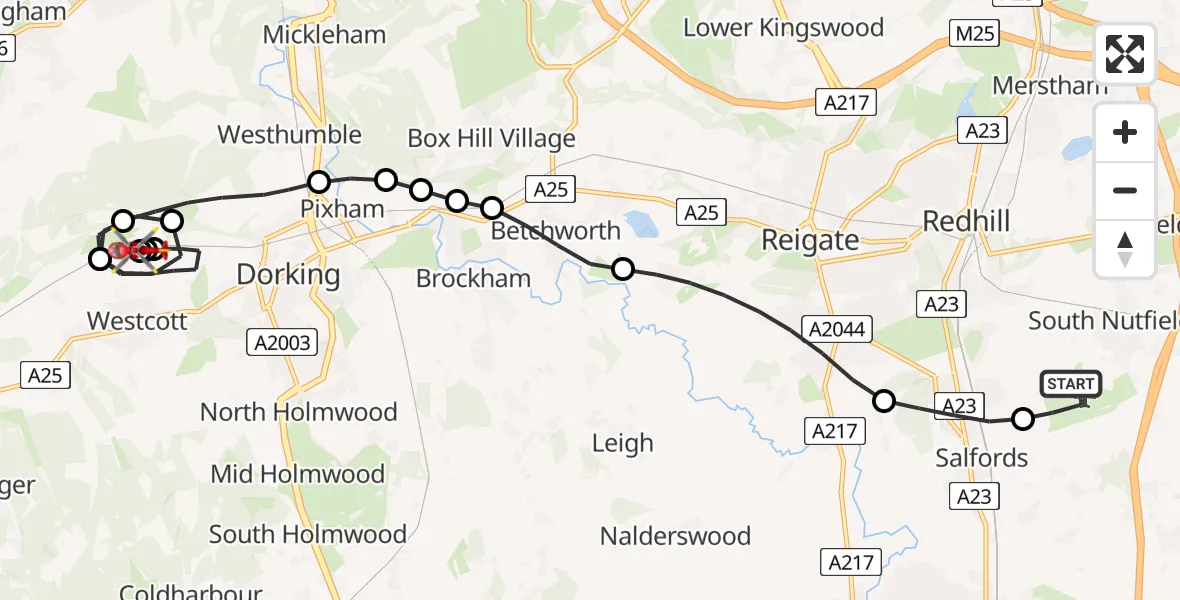 Flight route map: Air Ambulance Helicopter to Westcott, Pilgrims' Way