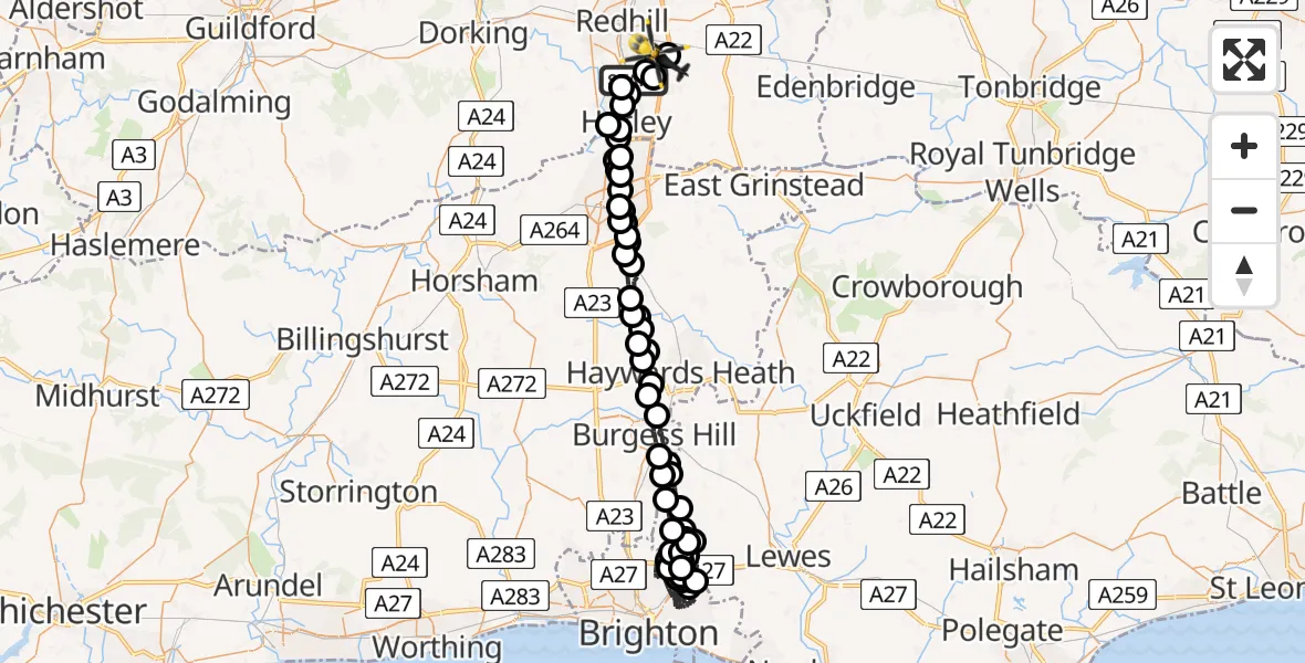 Flight route map: Police Helicopter to South Nutfield, Crab Hill Lane