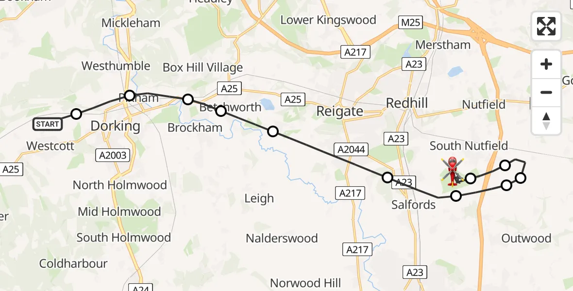 Routekaart van de vlucht: Air Ambulance Helicopter to Redhill Aerodrome, Redhill Aerodrome